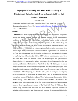 Phylogenetic Diversity and Anti-MRSA Activity of Halotolerant Actinobacteria from Sediments in Great Salt Plains, Oklahoma