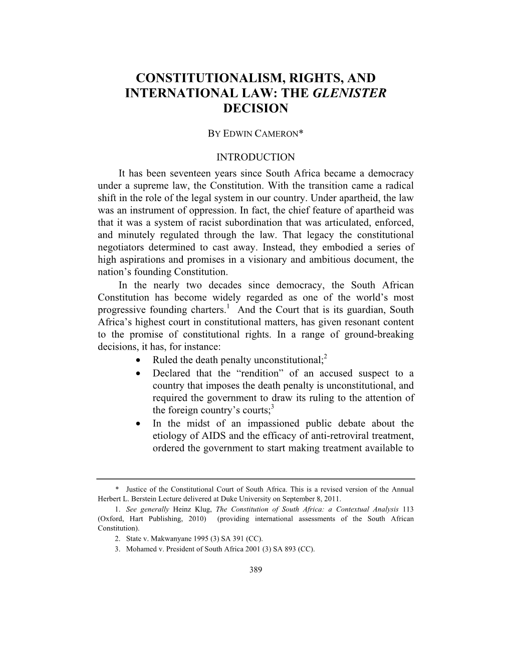 Constitutionalism, Rights, and International Law: the Glenister Decision