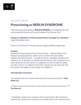 Pressvisning Av BERLIN SYNDROME