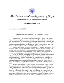 The Daughters of the Republic of Texas STONE FORT CHAPTER - NACOGDOCHES, TEXAS
