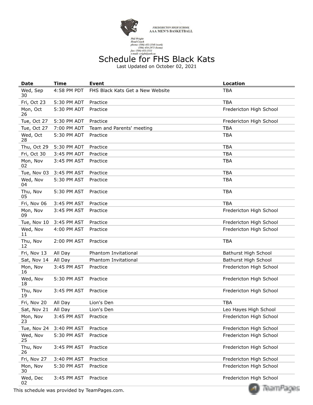 Schedule for FHS Black Kats Last Updated on October 02, 2021