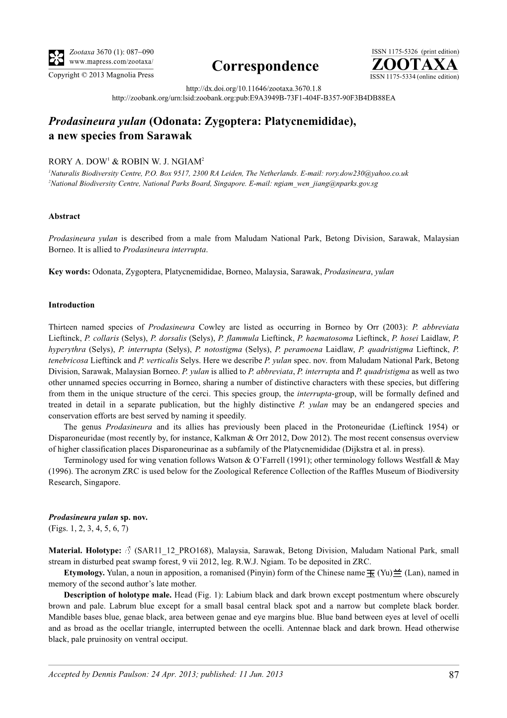 Prodasineura Yulan (Odonata: Zygoptera: Platycnemididae), a New Species from Sarawak