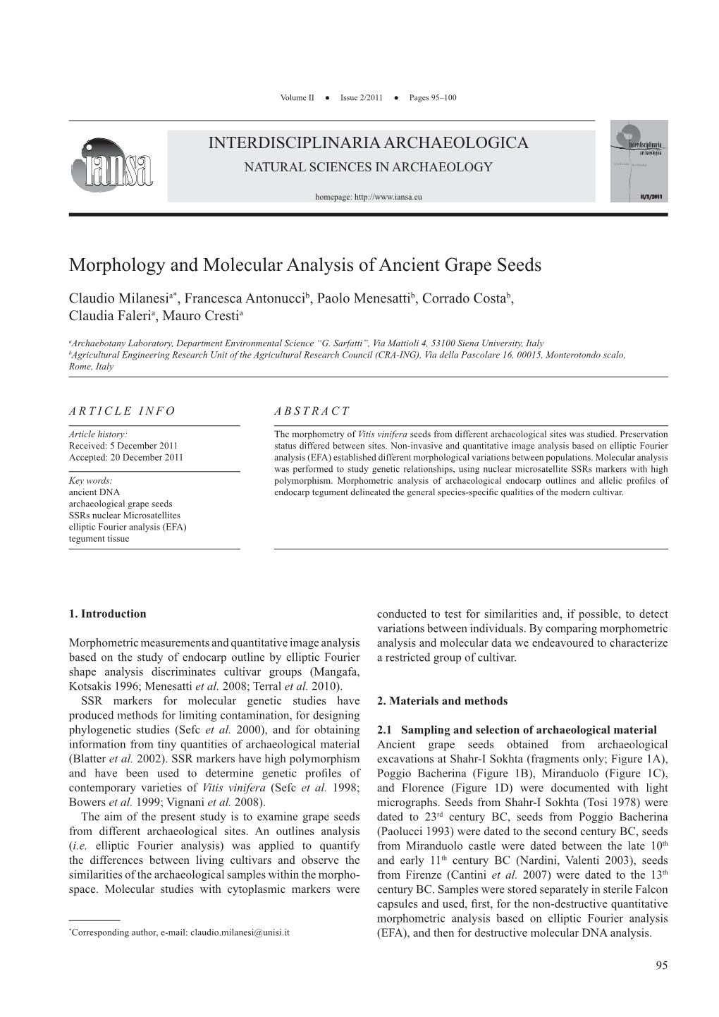 Morphology and Molecular Analysis of Ancient Grape Seeds