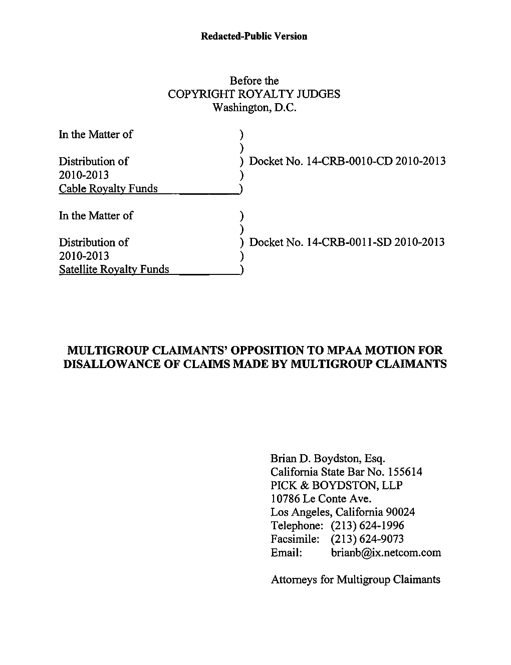 Multigroup Claimants' Opposition to Mpaa Motion for Disallowance of Claims Made by Multigroup Claimants