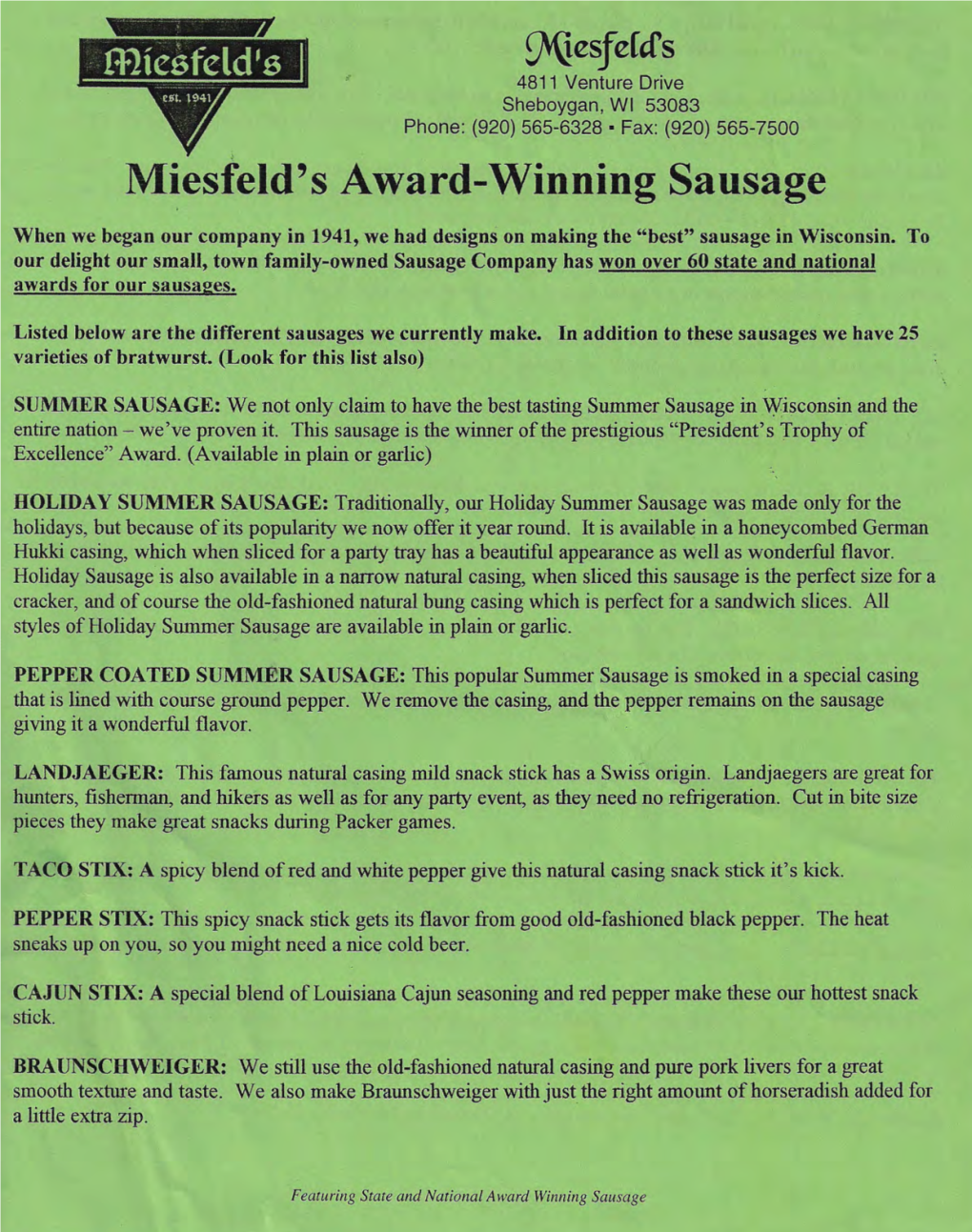 Miesfeld's Award-Winning Sausage