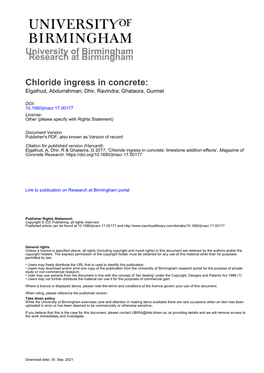 Chloride Ingress in Concrete: Elgalhud, Abdurrahman; Dhir, Ravindra; Ghataora, Gurmel