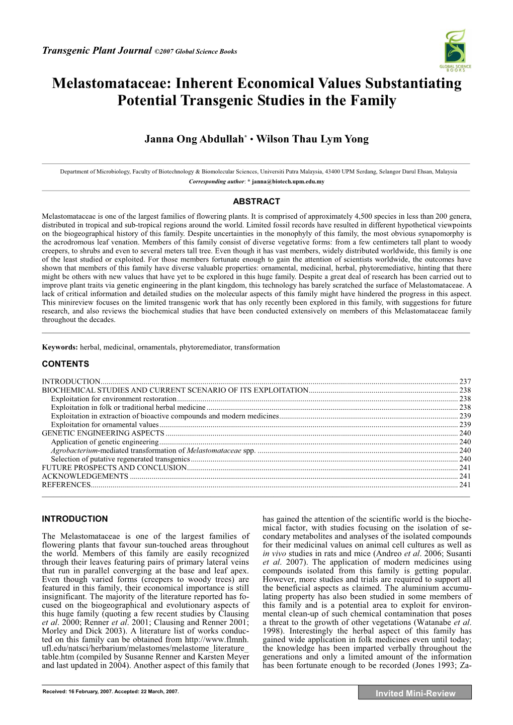 Melastomataceae: Inherent Economical Values Substantiating Potential Transgenic Studies in the Family