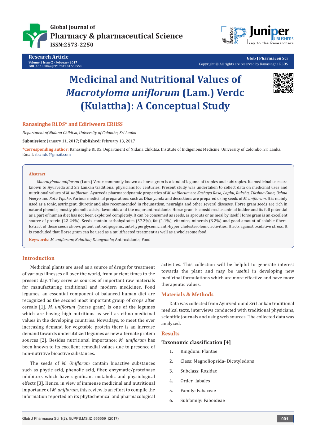 Medicinal and Nutritional Values of Macrotyloma Uniflorum (Lam.) Verdc (Kulattha): a Conceptual Study