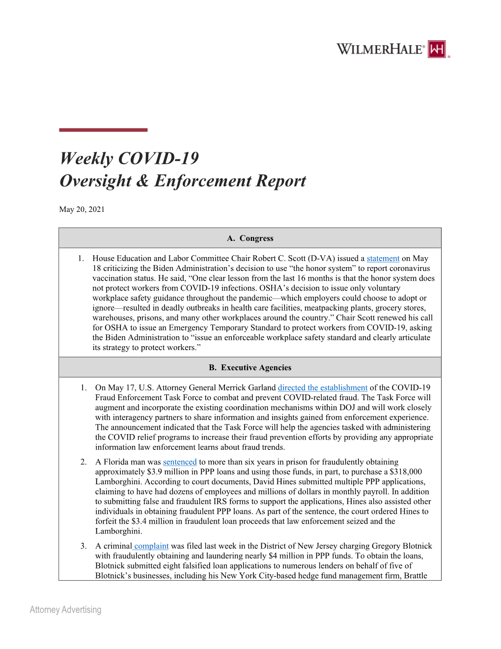 Weekly COVID-19 Oversight & Enforcement Report