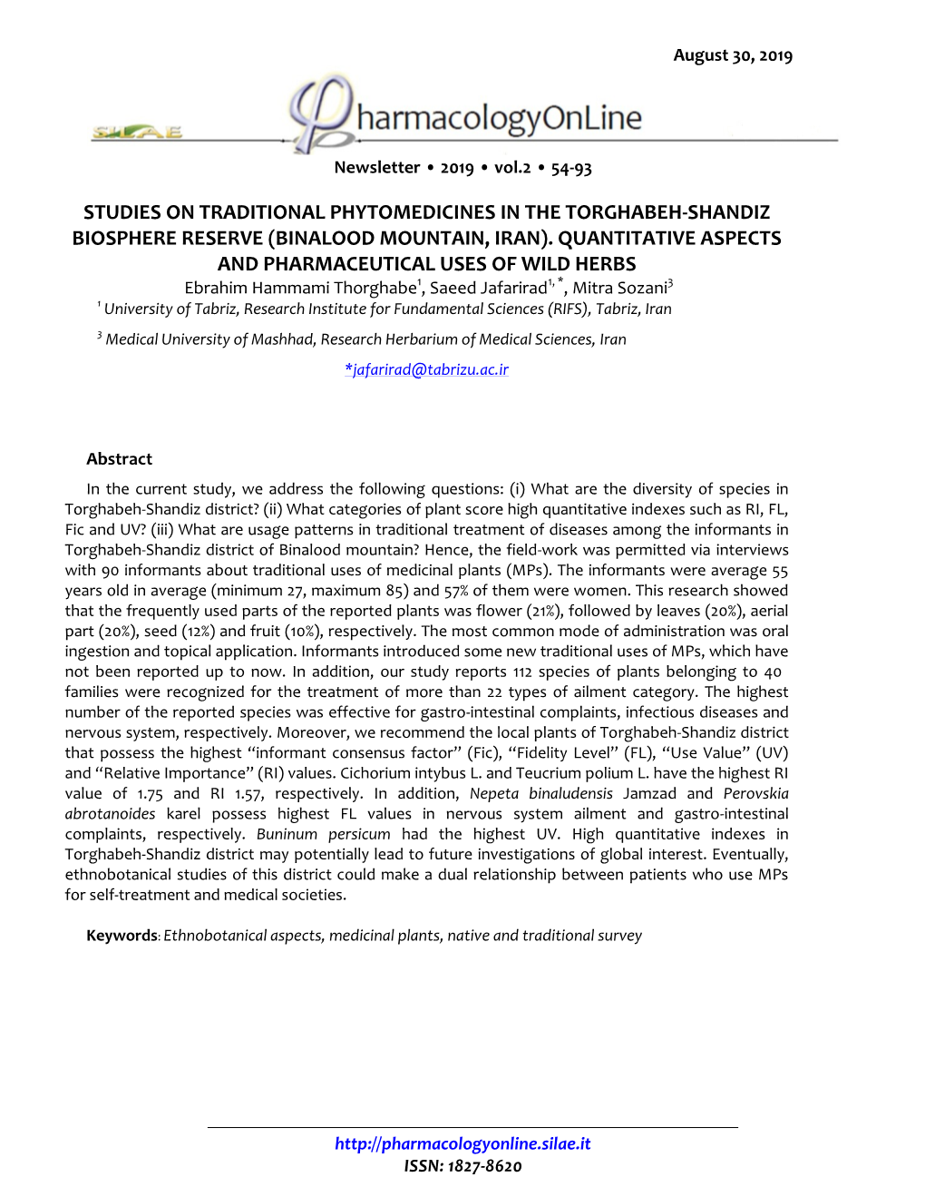 Studies on Traditional Phytomedicines in the Torghabeh-Shandiz Biosphere Reserve (Binalood Mountain, Iran)