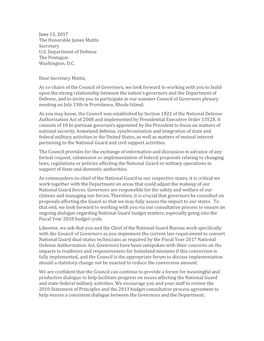 Co-Chair Letter to Secretary Mattis Regarding New Members of the Council of Governors
