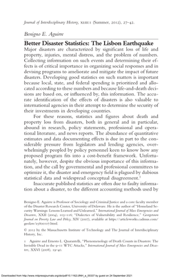 The Lisbon Earthquake Major Disasters Are Characterized by Signiªcant Loss of Life and Property, Injuries, Mental Distress, and the Problem of Numbers