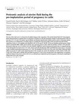 Proteomic Analysis of Uterine Fluid During the Pre-Implantation Period of Pregnancy in Cattle