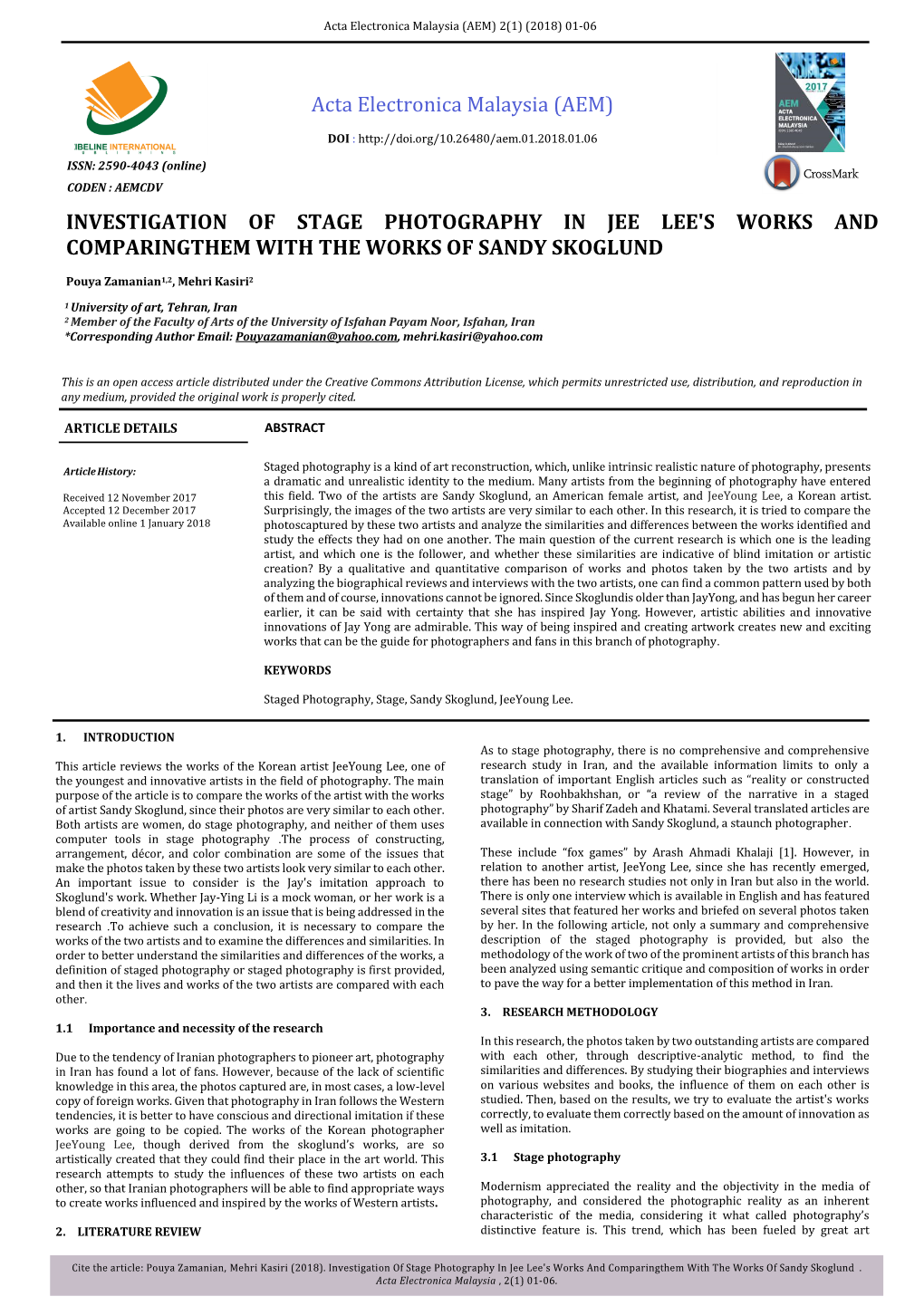 Acta Electronica Malaysia (AEM) INVESTIGATION of STAGE PHOTOGRAPHY in JEE LEE's WORKS and COMPARINGTHEM with the WORKS of SANDY