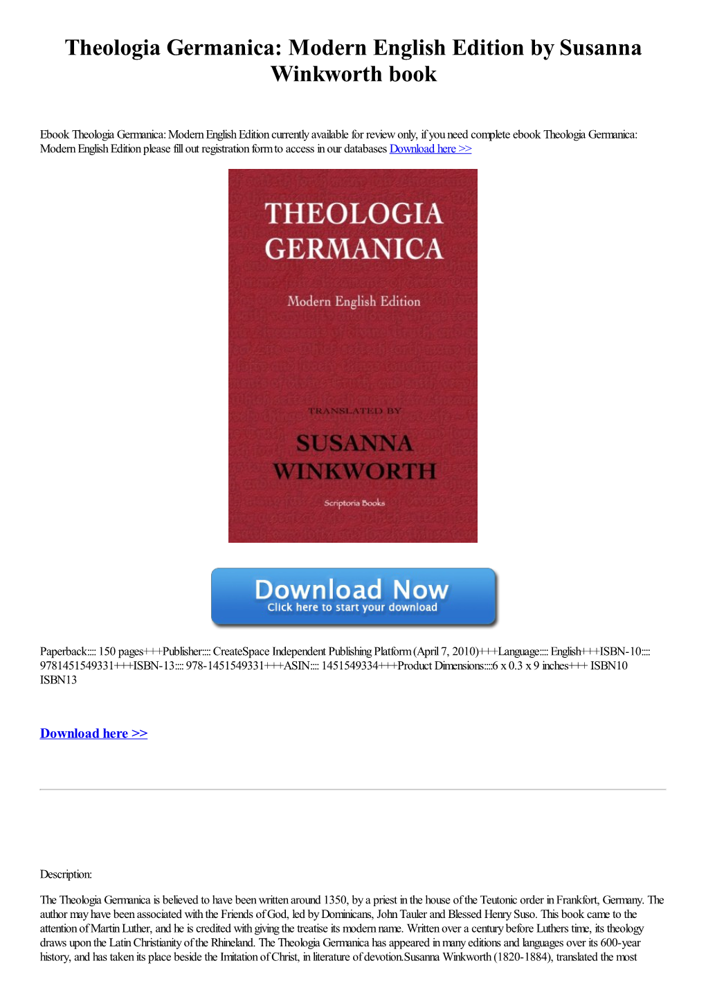 Theologia Germanica: Modern English Edition by Susanna Winkworth Book