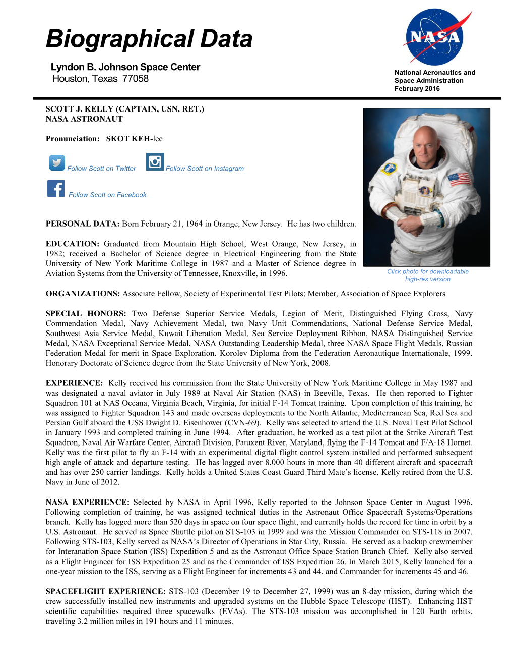 Scott Kelly Retired from NASA March 2016