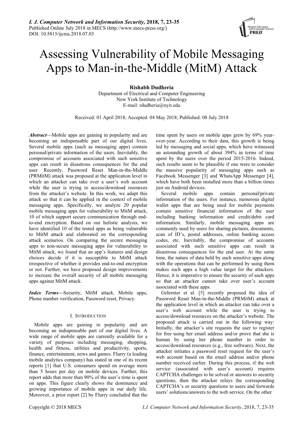 Assessing Vulnerability of Mobile Messaging Apps to Man-In-The-Middle (Mitm) Attack