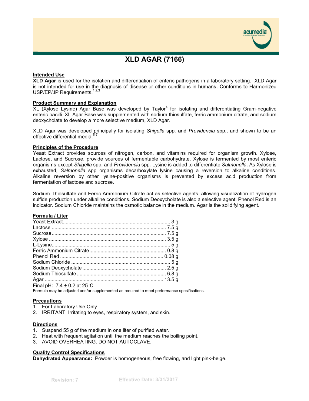 XLD Agar, Product Information