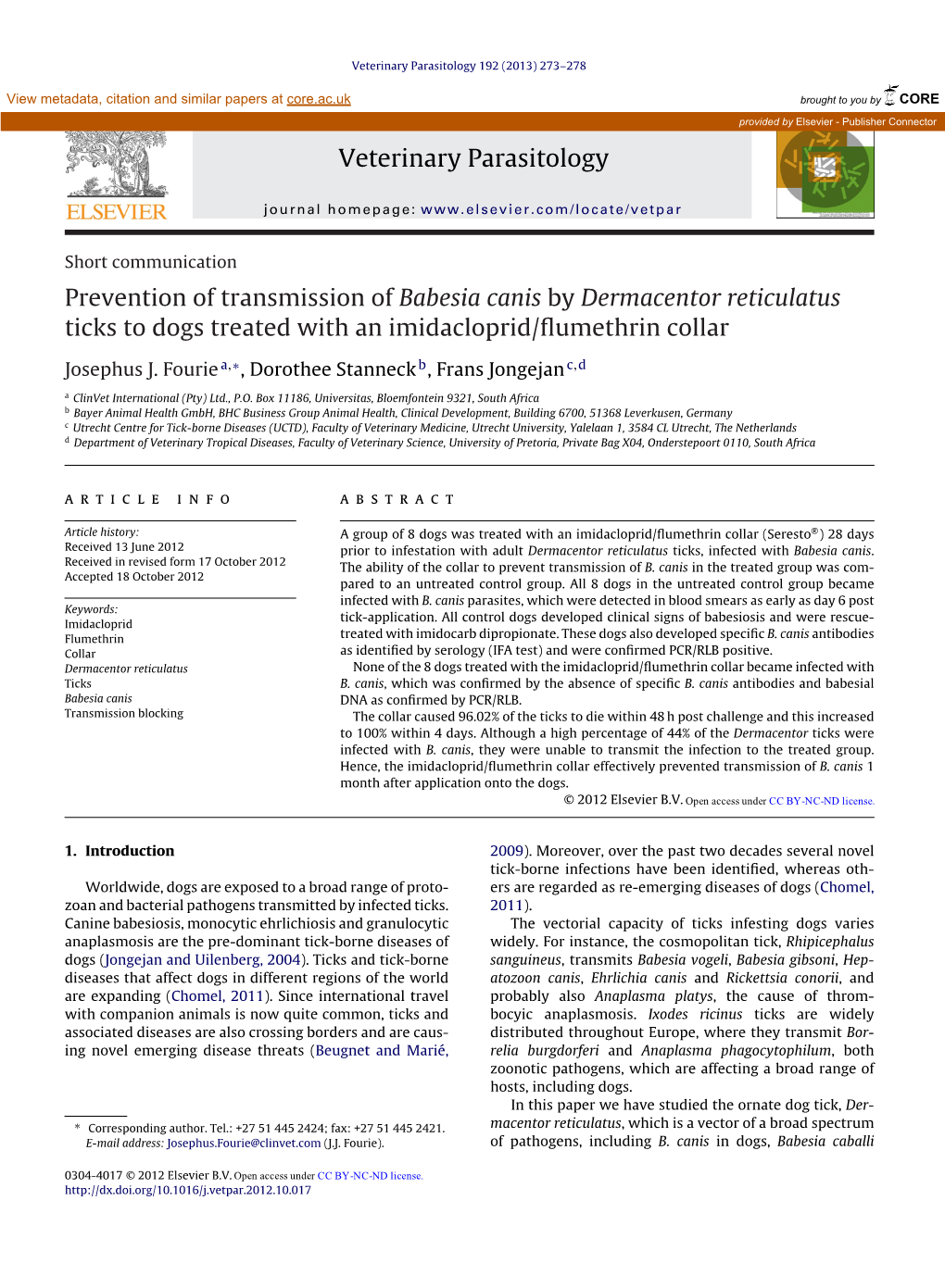 Prevention of Transmission of Babesia Canis by Dermacentor Reticulatus