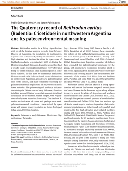 The Quaternary Record of Reithrodon Auritus (Rodentia: Cricetidae) in Northwestern Argentina and Its Paleoenvironmental Meaning
