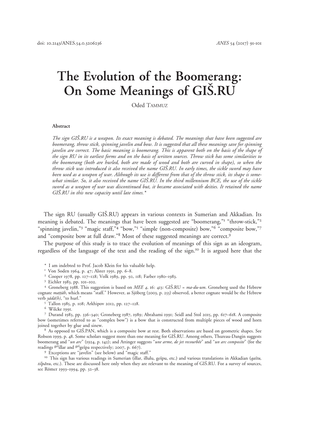 The Evolution of the Boomerang: on Some Meanings of GIŠ.RU Oded Tammuz