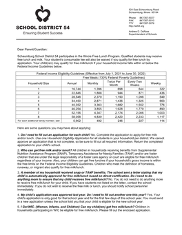 Dear Parent/Guardian: Schaumburg School District 54 Participates in the Illinois Free Lunch Program. Qualified Students May Rece