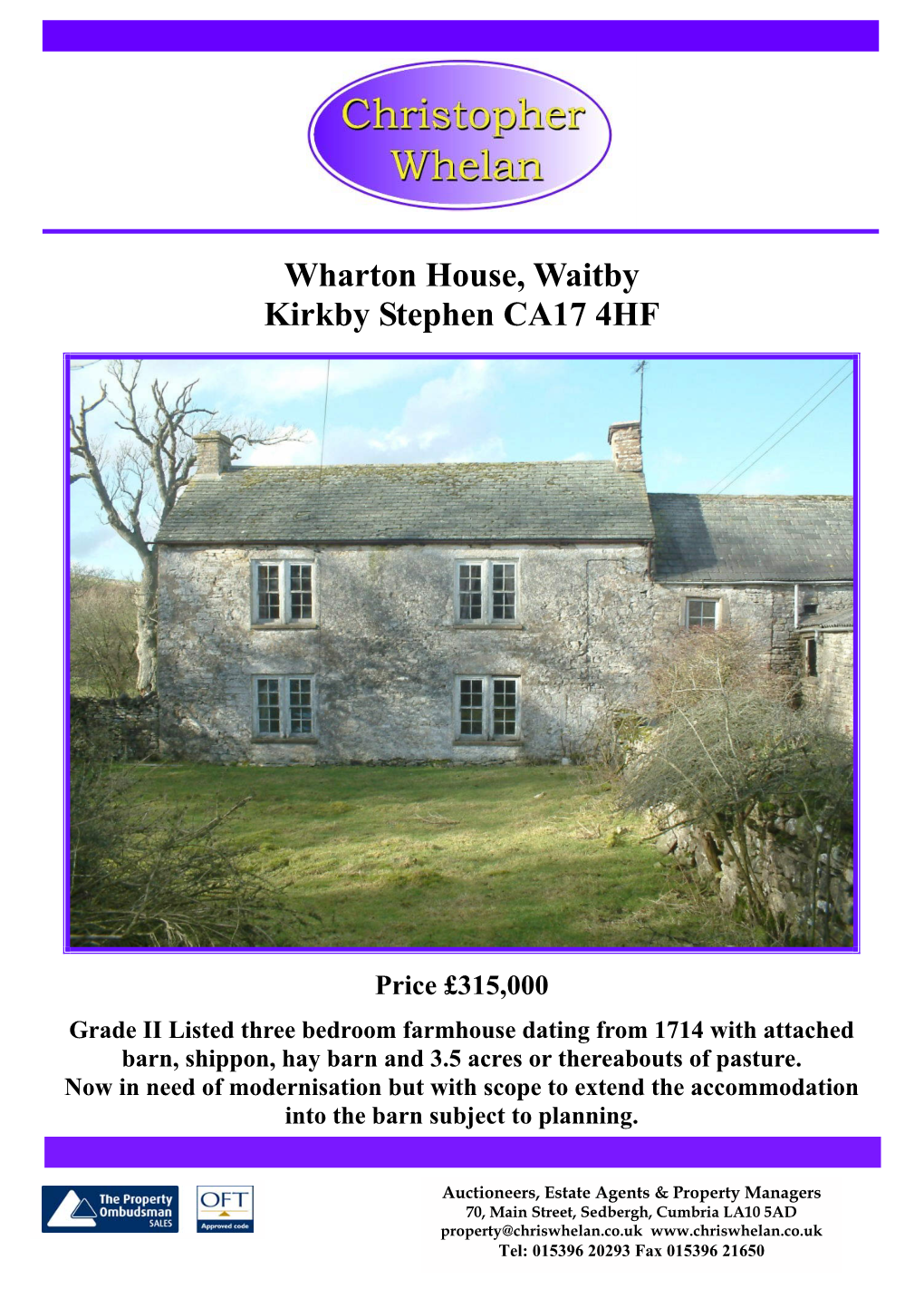 Wharton House, Waitby Kirkby Stephen CA17 4HF