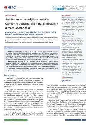 Autoimmune Hemolytic Anemia in COVID-19 Patients, the « Transmissible » Direct Coombs Test