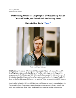 Wild Nothing Announces ​Laughing Gas​ EP out January 31St On