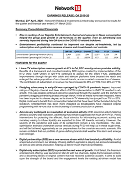 EARNINGS RELEASE: Q4 2019-20 Summary