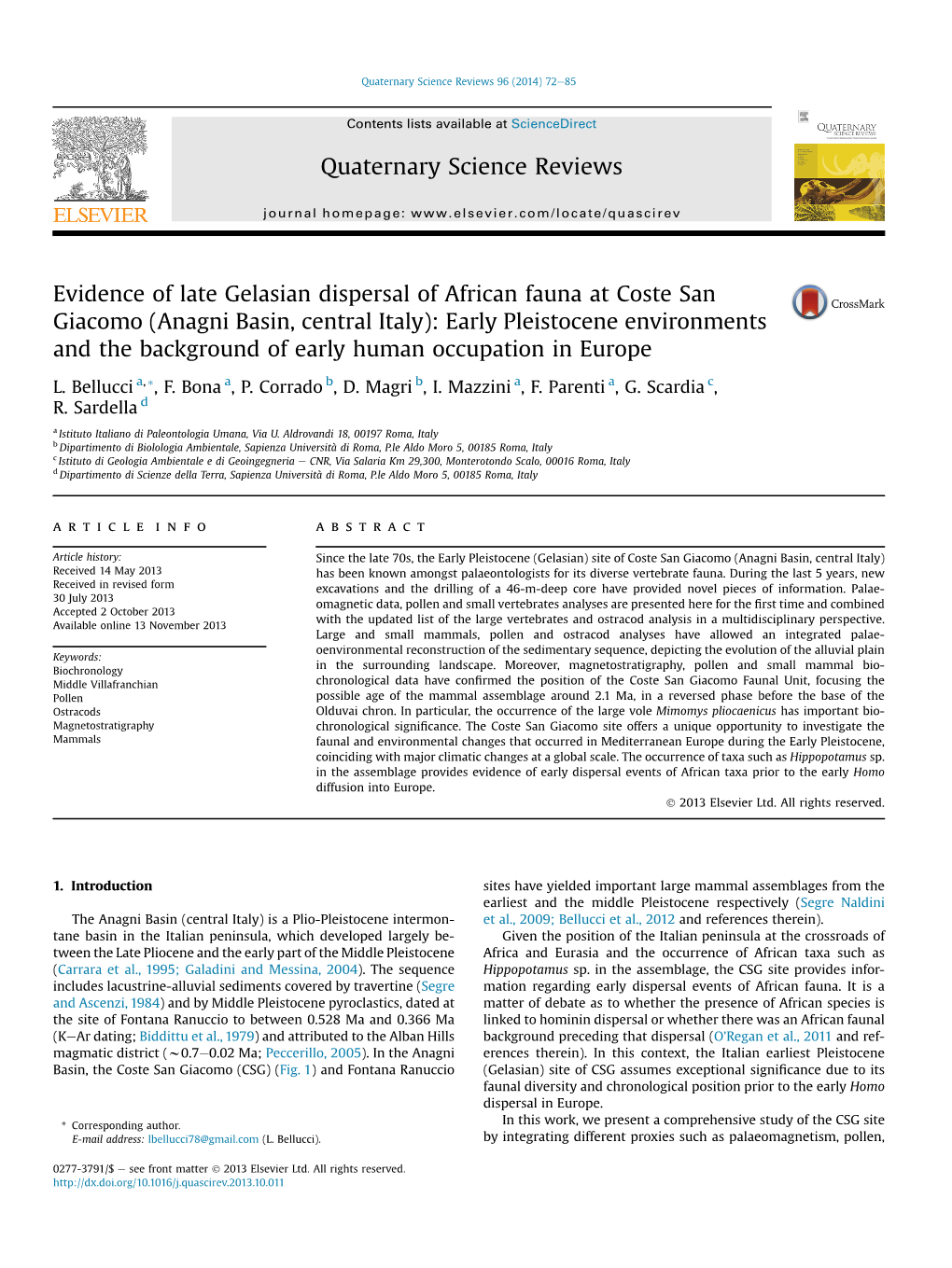 Evidence of Late Gelasian Dispersal of African Fauna at Coste San Giacomo (Anagni Basin, Central Italy): Early Pleistocene Envir