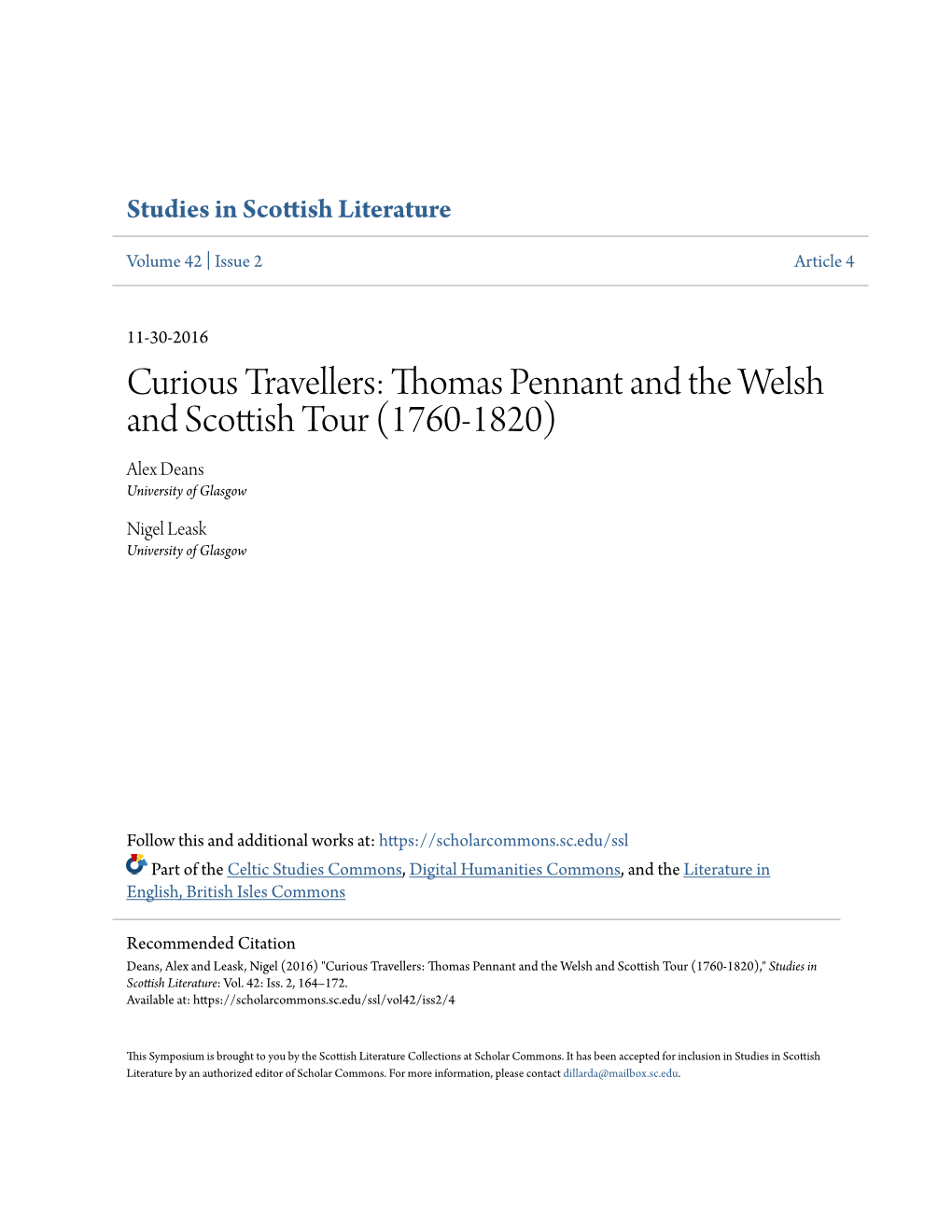 Curious Travellers: Thomas Pennant and the Welsh and Scottish Tour (1760-1820) Alex Deans University of Glasgow