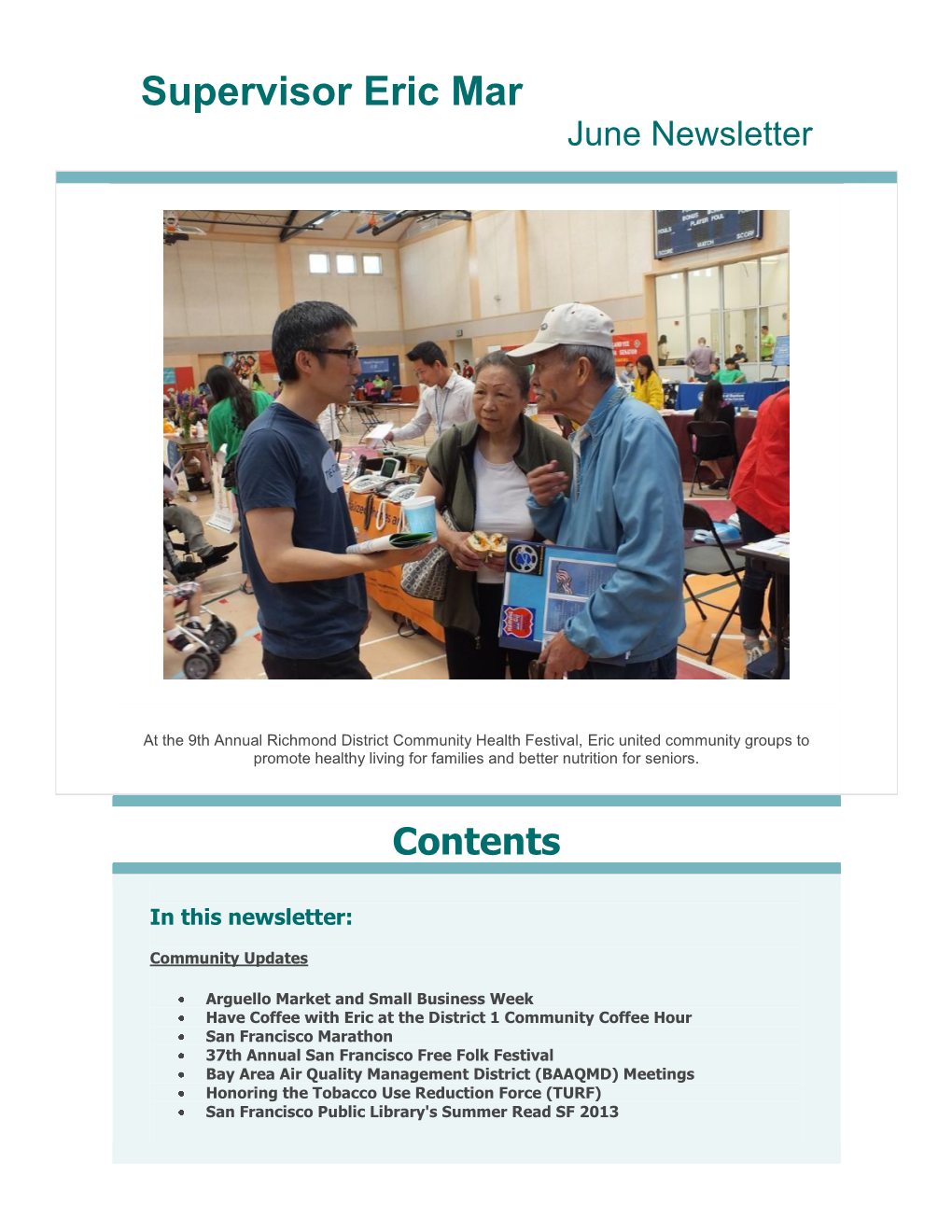 Supervisor Eric Mar June Newsletter