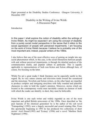 Disability in the Writing of Irvine Welsh: a Discussion Paper