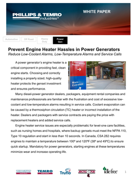 Prevent Engine Heater Hassles in Power Generators Reduce Low-Coolant Alarms, Low-Temperature Alarms and Service Calls