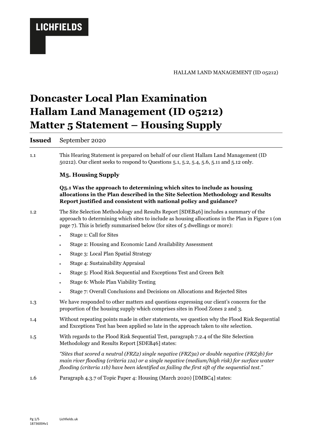 Doncaster Local Plan Examination Hallam Land Management (ID 05212) Matter 5 Statement – Housing Supply