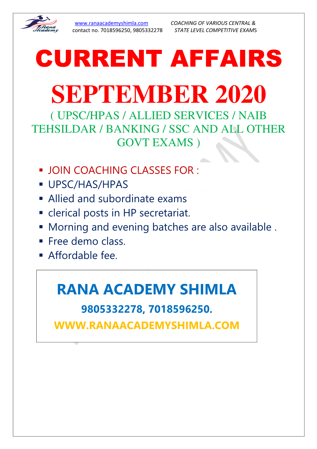 September 2020 ( Upsc/Hpas / Allied Services / Naib Tehsildar / Banking / Ssc and All Other Govt Exams )