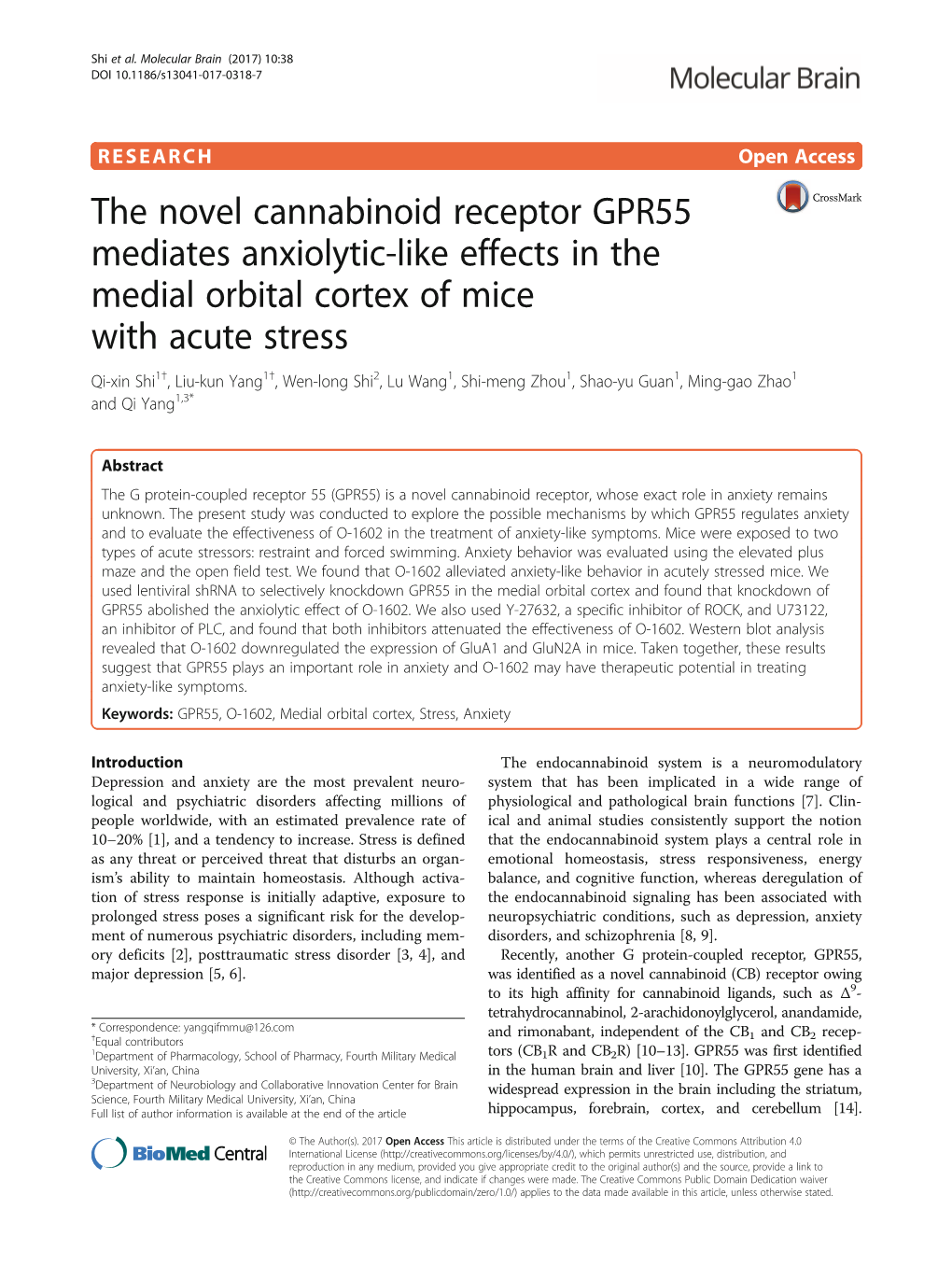 The Novel Cannabinoid Receptor GPR55 Mediates Anxiolytic-Like Effects in the Medial Orbital Cortex of Mice with Acute Stress