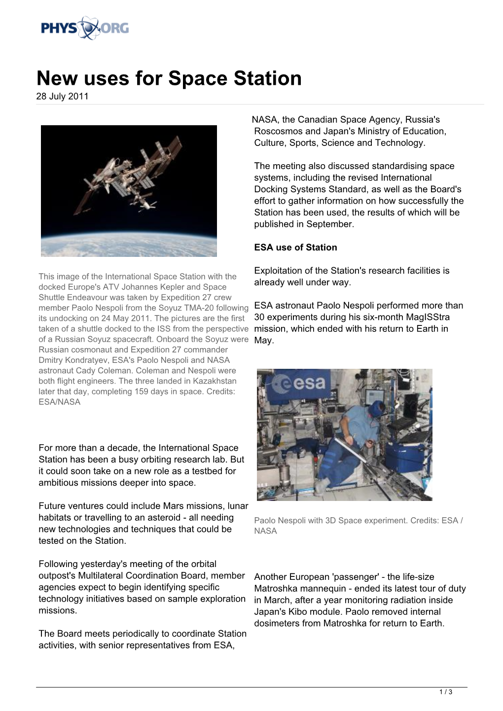 New Uses for Space Station 28 July 2011