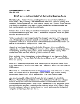 PA DCNR Moves to Open State Park Swimming Beaches, Pools
