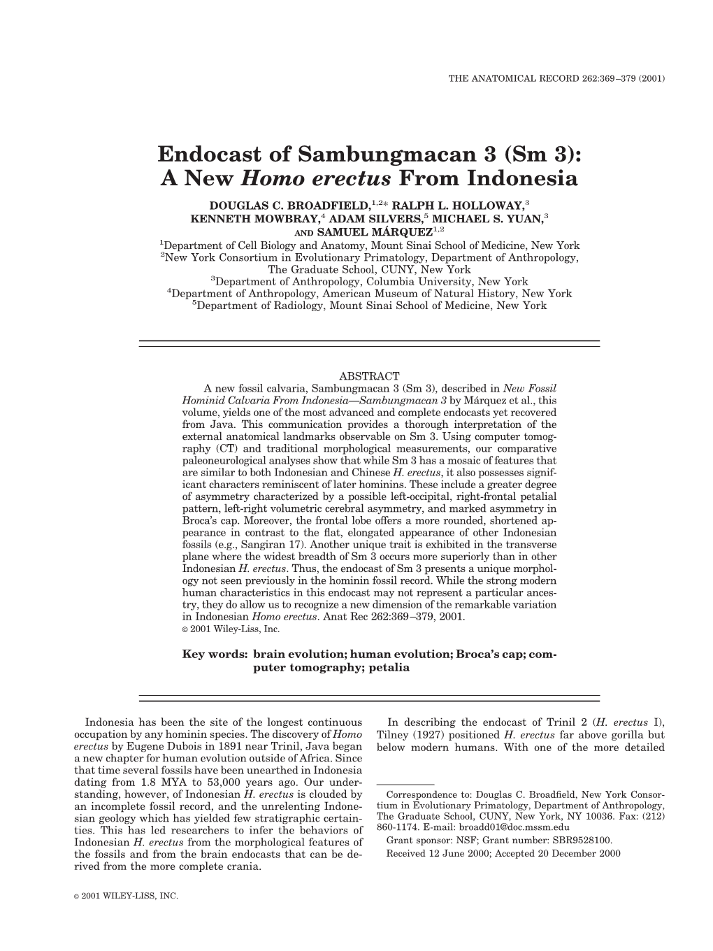 Endocast of Sambungmacan 3 (Sm 3): a New Homo Erectus From