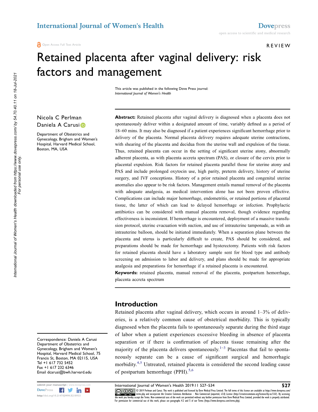 Retained Placenta After Vaginal Delivery: Risk Factors and Management