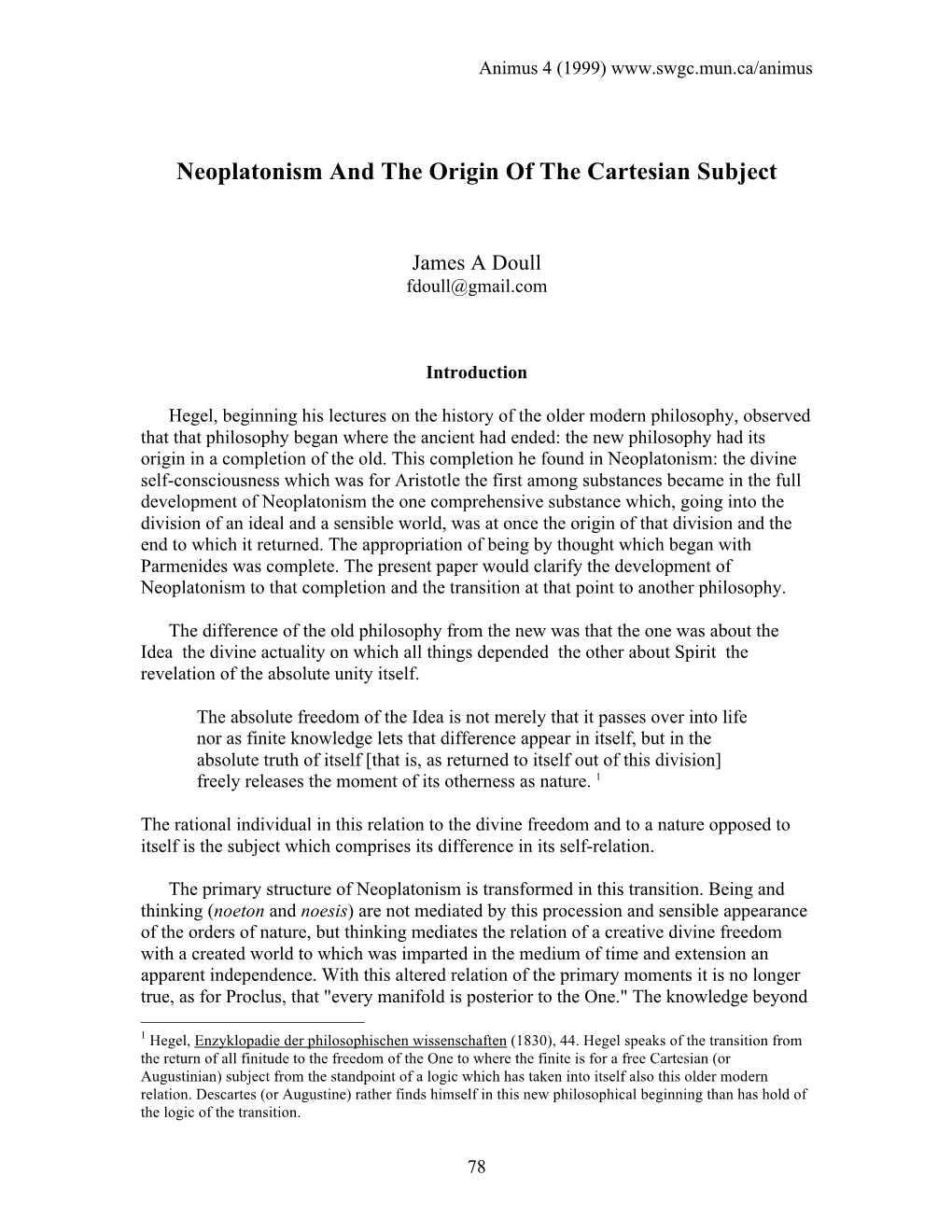 James Doull, Neoplatonism and the Origin of the Cartesian Subject