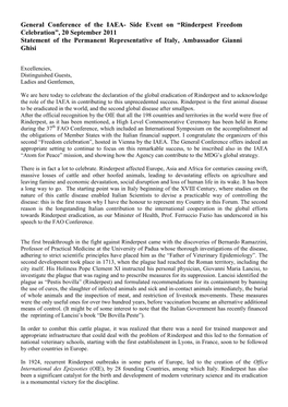 Rinderpest Freedom Celebration”, 20 September 2011 Statement of the Permanent Representative of Italy, Ambassador Gianni Ghisi