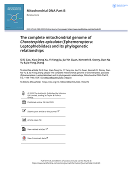 The Complete Mitochondrial Genome of Choroterpides Apiculata (Ephemeroptera: Leptophlebiidae) and Its Phylogenetic Relationships