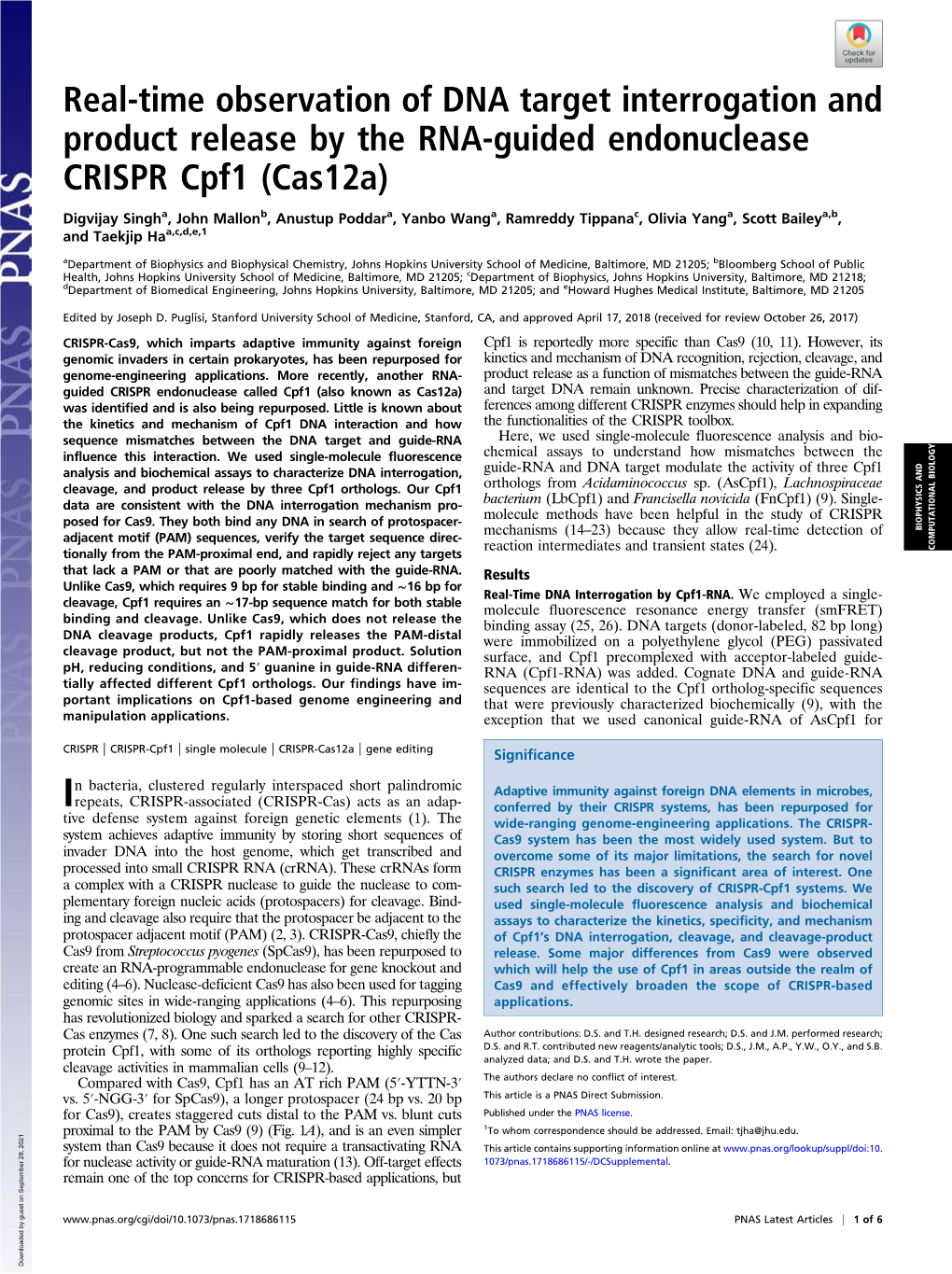 Real-Time Observation of DNA Target Interrogation and Product Release by the RNA-Guided Endonuclease CRISPR Cpf1 (Cas12a)