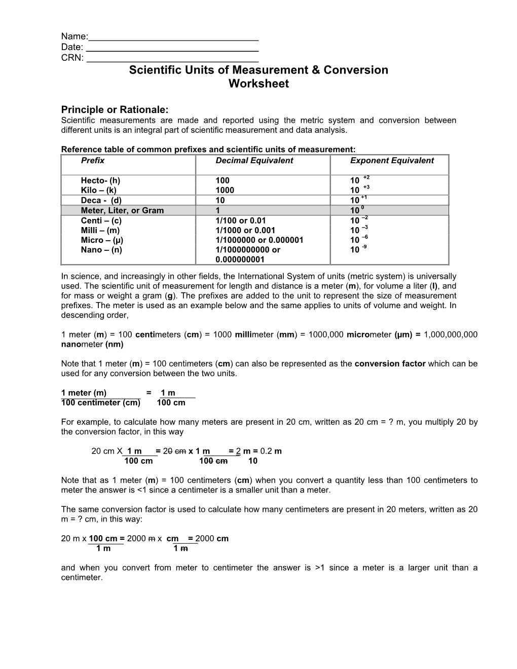 Scientific Units of Measurement & Conversion Worksheet