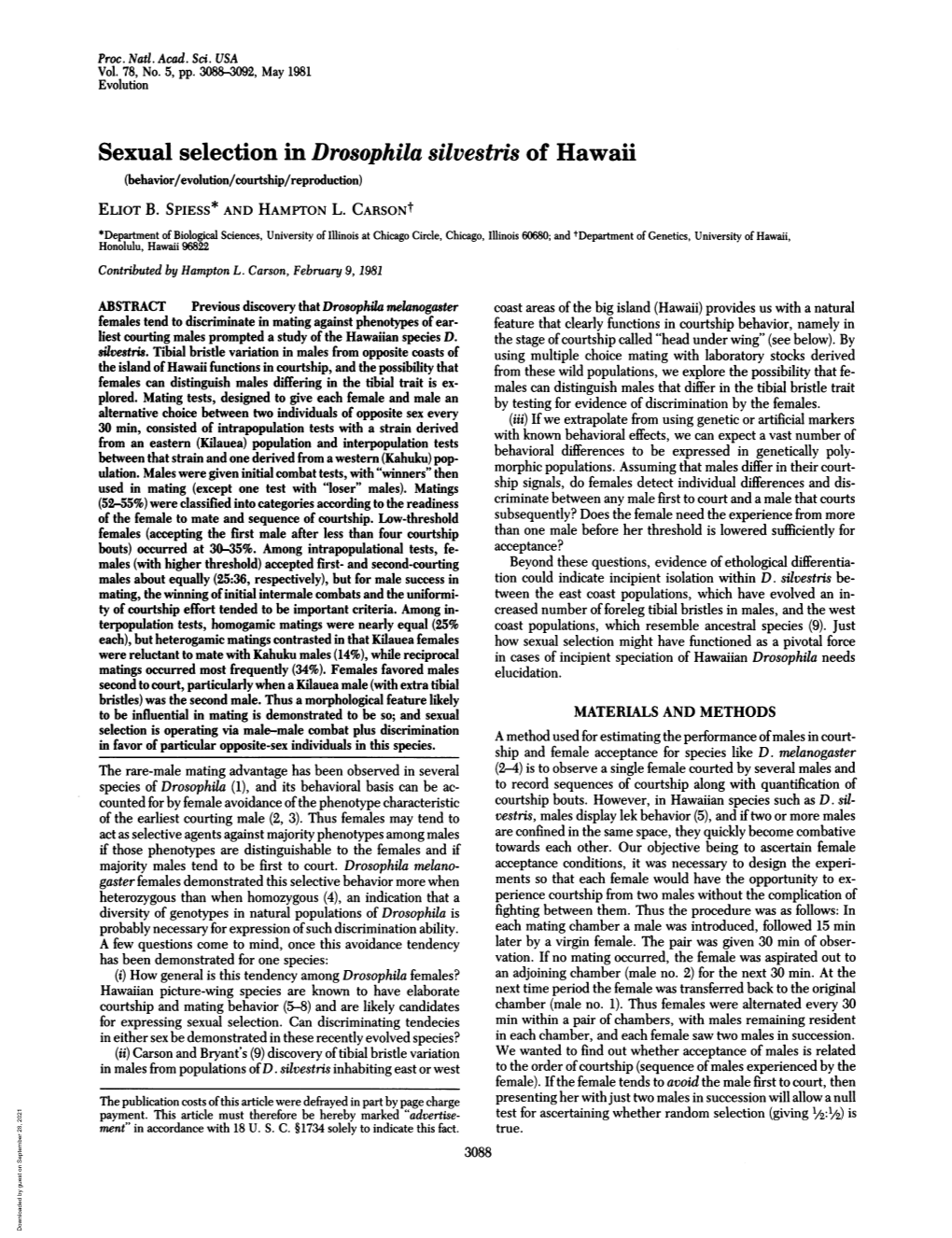 Sexual Selection in Drosophila Silvestris of Hawaii (Behavior/Evolution/Courtship/Reproduction) ELIOT B