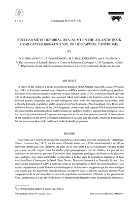 Nuclear Mitochondrial Dna (Numt) in the Atlantic Rock Crab Cancer Irroratus Say, 1817 (Decapoda, Cancridae)