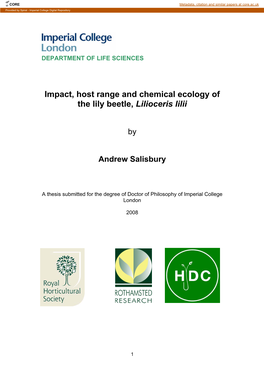 Impact, Host Range and Chemical Ecology of the Lily Beetle, Lilioceris Lilii